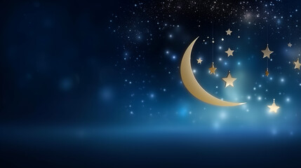Obraz na płótnie Canvas Ramadan Kareem greeting card - crescent and mosque silhouette, hanging stars