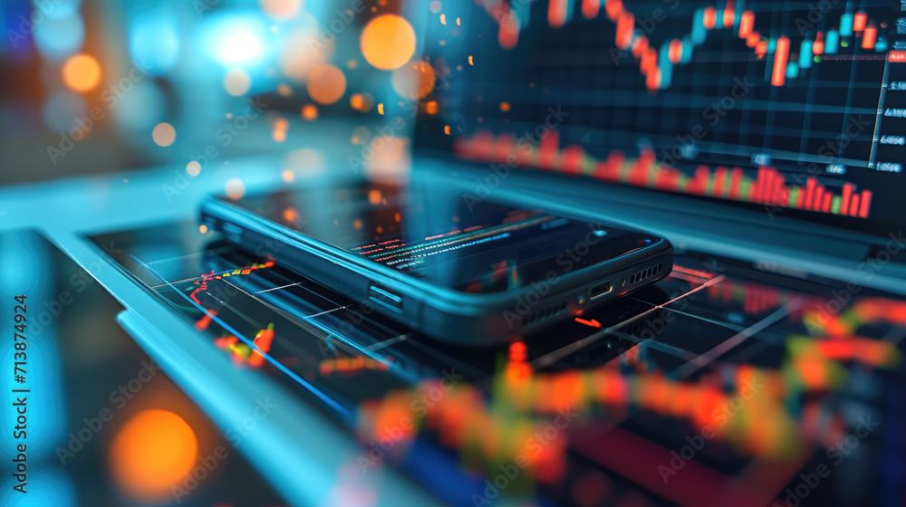 Aufkleber Technology data investor analysis of stock market reports and financial dashboards with business intelligence on smartphones, Online banking payment communication network technology. Generative AI.