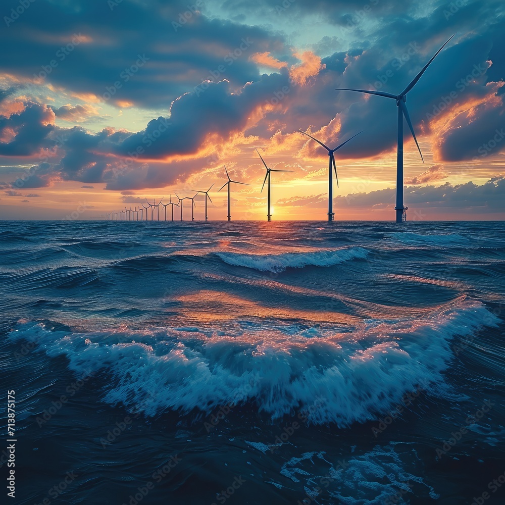 Poster an offshore wind farm with turbines in the ocean, gentle waves at the bases and a serene sunset back