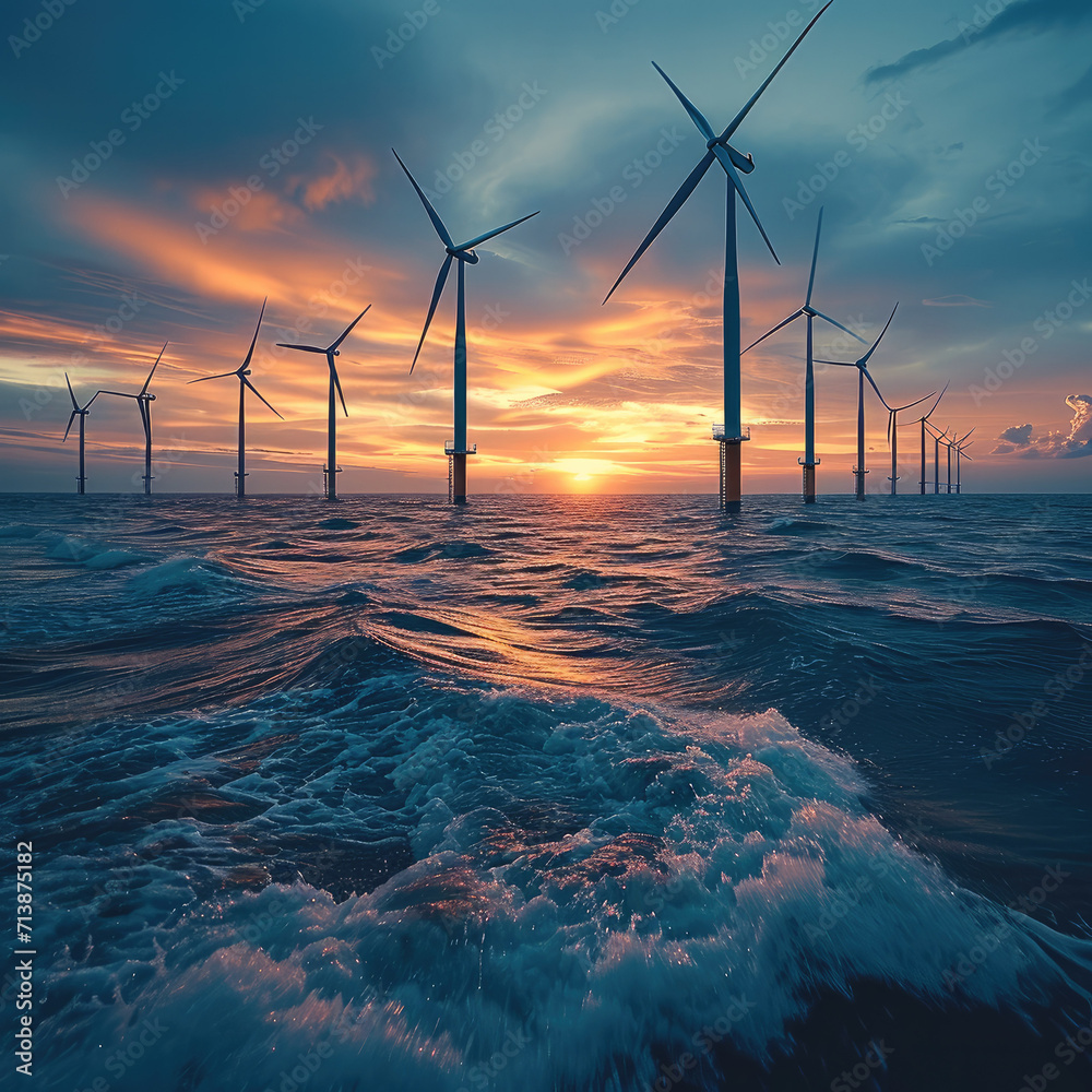 Poster an offshore wind farm with turbines in the ocean, gentle waves at the bases and a serene sunset back