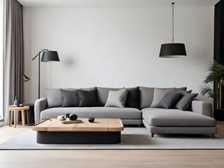 Big white living room.interior design,gray and black sofa,wooden table,lamp,carpet ,wall for mock up and copy space