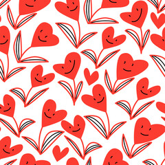 Vector seamless pattern with smiling hearts flowers - 713875152