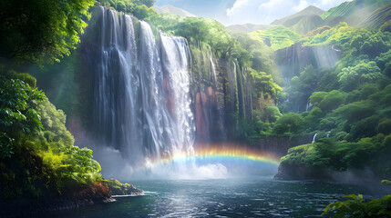 Majestic Waterfall: Lush Greenery and Vibrant Rainbows