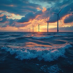An offshore wind farm with turbines in the ocean, Gentle waves at the bases and a serene sunset background. Generative AI. - obrazy, fototapety, plakaty