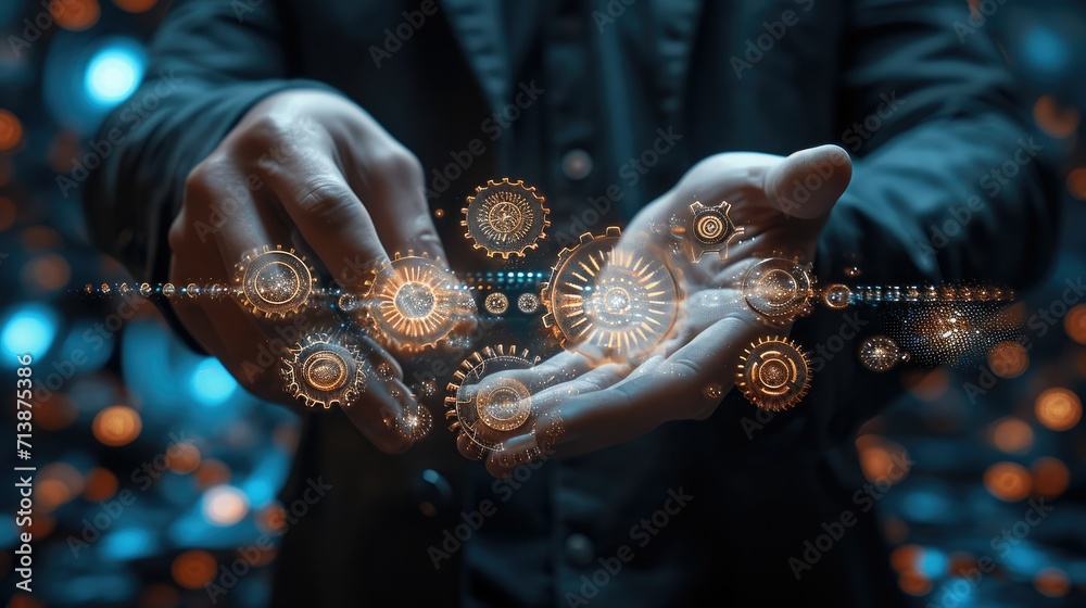 Poster businessman hand touching gears made with lights. generative ai.