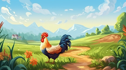 Country chicken in the field - obrazy, fototapety, plakaty