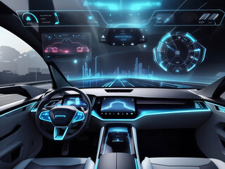 autonomous futuristic car dashboard concept with HUD hologram screens and an infotainment system as a wide banner design.