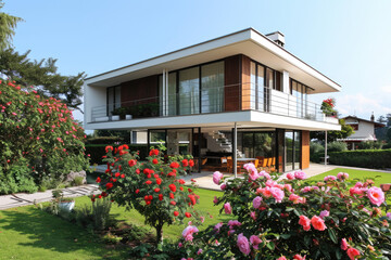 Fototapeta na wymiar a modern minimalist house with a big flowers garden