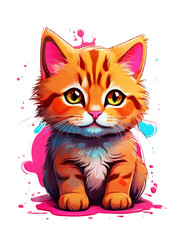 Orange tabby cat watercolor art on transparent background. 