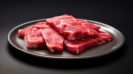 Raw red beef meat on a flat ceramic plate.