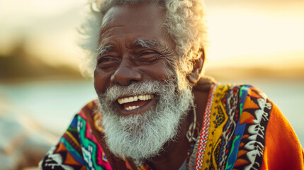 Portrait of a elderly black man with a very joyful expression, white hair and a full white beard, at a tropical beach wearing colorful clothes