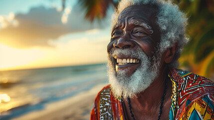 Portrait of a elderly black man with a very joyful expression, white hair and a full white beard, at a tropical beach wearing colorful clothes - obrazy, fototapety, plakaty