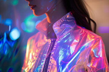 Futurist light fashion shot with model wearing electric wearables holographic emitting apparel - obrazy, fototapety, plakaty