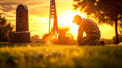 American soldiers pay their respects to fallen soldiers in front of the USA flag on Memorial Day or other events. - obrazy, fototapety, plakaty