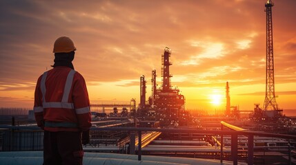 Fototapeta na wymiar Worker exploration Oil field at sunset, Oil and gas industry. Generative AI.
