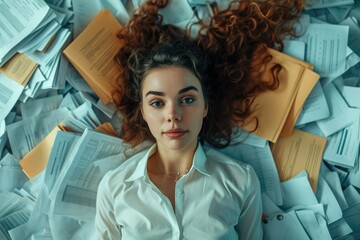 Female Accountant Laying on top of large pile of papers, Office worker business lady overworked lying on piles of documents full of paperwork, Top view. Generative AI.