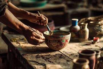 Artisan hand-painting elaborate designs on a ceramic bowl with fine brushes and vibrant colors in a rustic setting. High quality photo