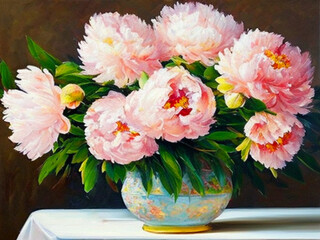 Oil flowers. Beautiful delicate feminine colored spring or summer flowers close-up, generated by AI. Bouquet of flowers. Flowers in a flowerbed. Postcard, congratulations to woman. Peonies and roses