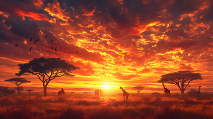 Golden Hour on the African Savanna with Wild Animals