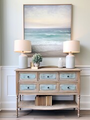 Hand-Painted Ocean Horizons: Vintage Painting Showcasing Shoreline Shades