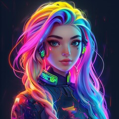 Portrait illustration of a cyberpunk young white girl with colored neon hair and outfit wearing futuristic gadgets on a minimalist background. Concepts of futurism, youth, beauty and technology.