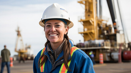 Smiling female engineer at front of oil rig. - obrazy, fototapety, plakaty