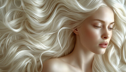 Portrait of woman with beautiful blond hair, waves. World Blonde Day