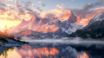 Fototapeta na wymiar Morning Glow: Mountain Range and Tranquil Lake