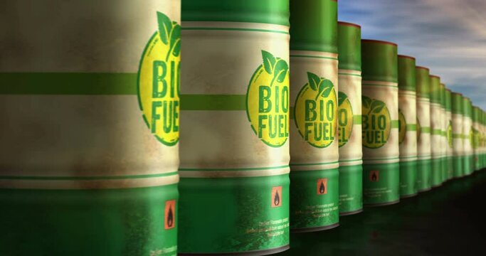 Biofuel green and clean eco renewable fuel barrels in row seamless and loopable concept. Sustainable energy and biodiesel oil industrial containers.