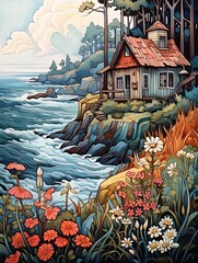 Hand-Sketched Coastal Scenes: Vintage Painting Captures Shoreline Dreams