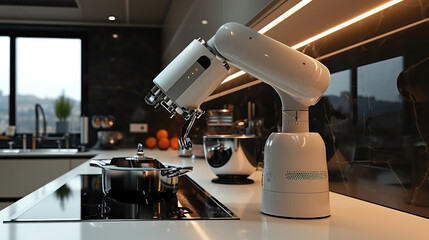 The robotic cooking appliance at kitchen. Generative AI.
