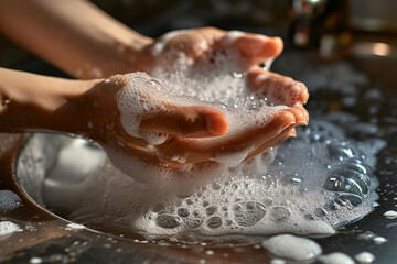 Close-up of hands being washed under water with soap bubbles. High quality photo