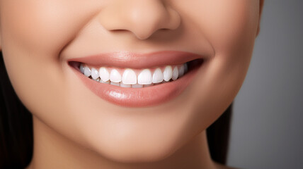 Obraz premium beautiful woman with beautiful smile on grey background. - Teeth whitening.