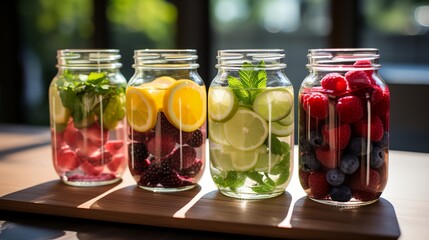 a row of jars filled with different types of fruit - obrazy, fototapety, plakaty