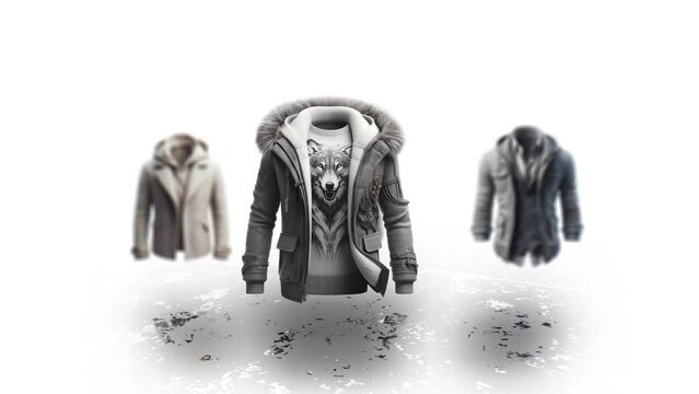 Motion animation of sweater, coats and jackets. Sales show of men clothing.