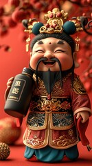 Cute Chinese God of wealth, Holding a black thermos in his hand, Smiling, Minimalist style, Simple and clean light red background. Generative AI.