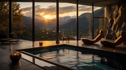 a swimming pool with a view of mountains