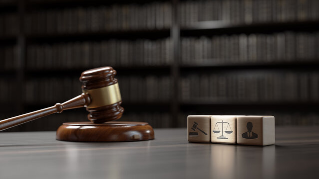 Legal Concept: judge's gavel hammer as a symbol of law and order and wooden cubes with icon