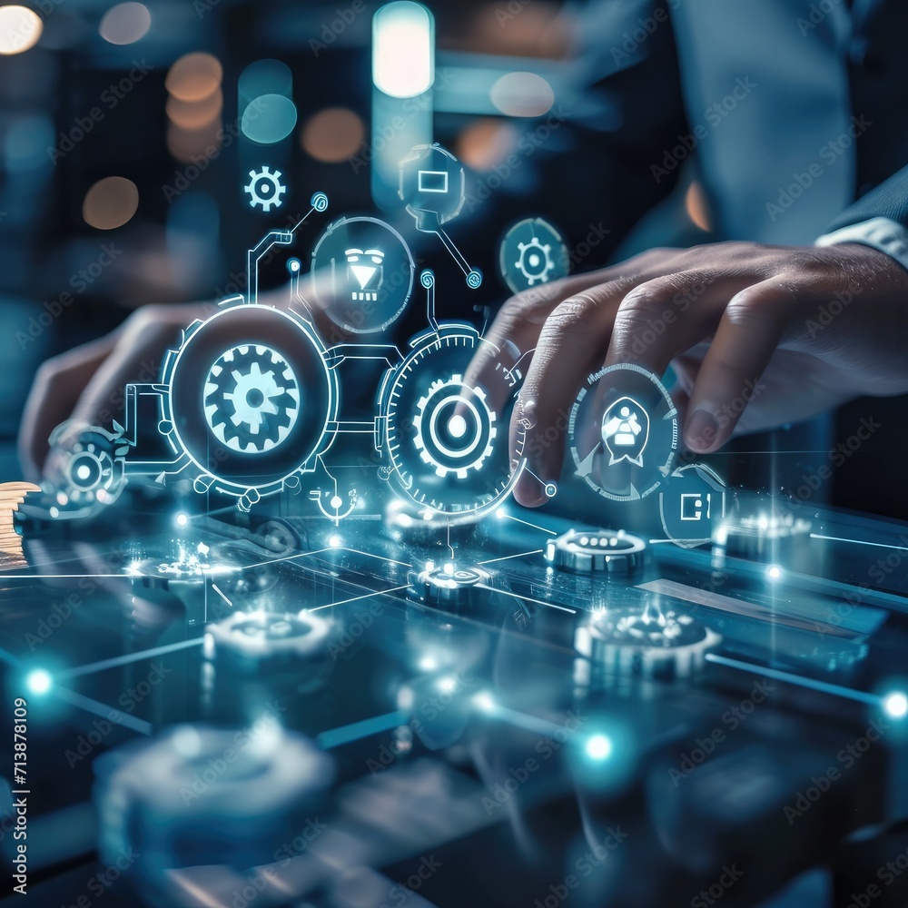 Aufkleber Business process management and workflow automation diagram and icons with connection line network in background, Business process management with Ai technology and connection line network.