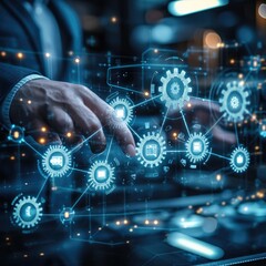 Obraz premium Manager touching interface, Businessman draw graph growth of business and analyzing data with icon customer network connection on virtual interface. Generative AI.