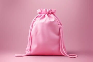 Pink drawstring bag mockup isolated on background. Small bag made of cotton fabric - obrazy, fototapety, plakaty
