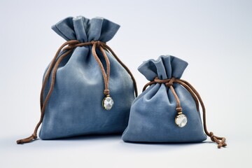 Two Blue Fabric Drawstring Bags on Light Background - obrazy, fototapety, plakaty