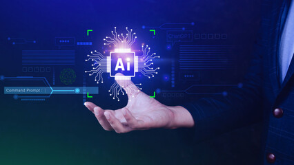 Ai tech, Businessman using virtual graphic Global Internet connect Chatgpt Chat with AI, Artificial...