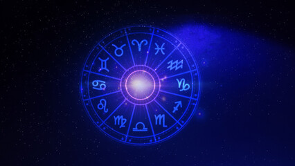 Concept of astrology and horoscope, person inside a zodiac sign wheel, Astrological zodiac signs inside of horoscope circle, Astrology, knowledge of stars in the sky, power of the universe concept.