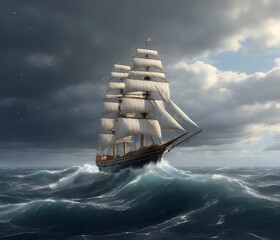 a sailing ship advancing through a violent storm with lightning on the ocean.