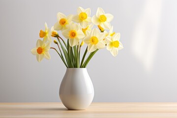 Fototapeta na wymiar Fresh Daffodils in White Vase on Wooden Table