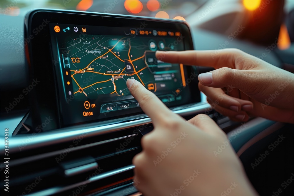 Poster a man with his hand is pointing to the touch screen of his car. generative ai.