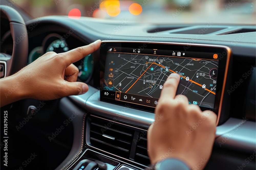 Poster a man with his hand is pointing to the touch screen of his car. generative ai.
