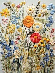 Heirloom Floral Embroidery: Vintage Field Wall Art Design