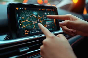 A man with his hand is pointing to the touch screen of his car. Generative AI.
